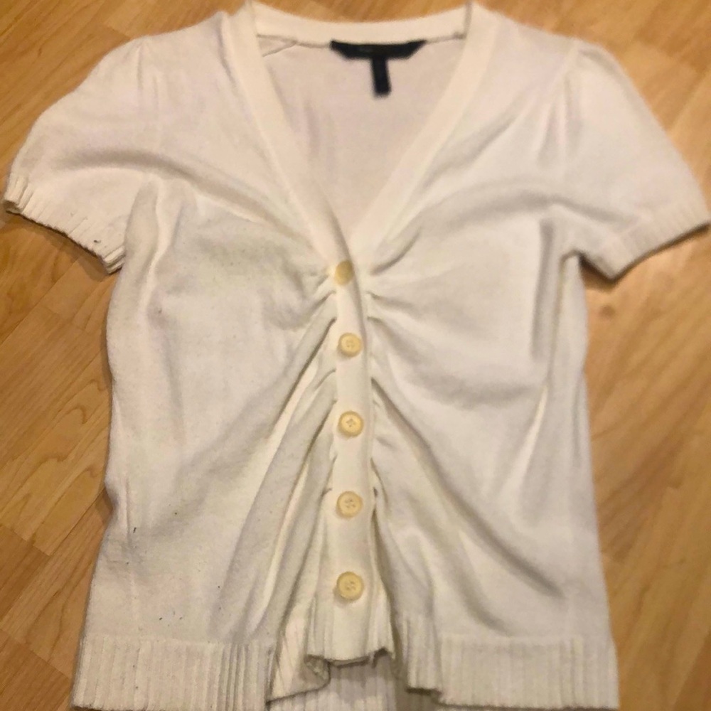 BCBG Maxazria short sleeve rouged button off white sweater